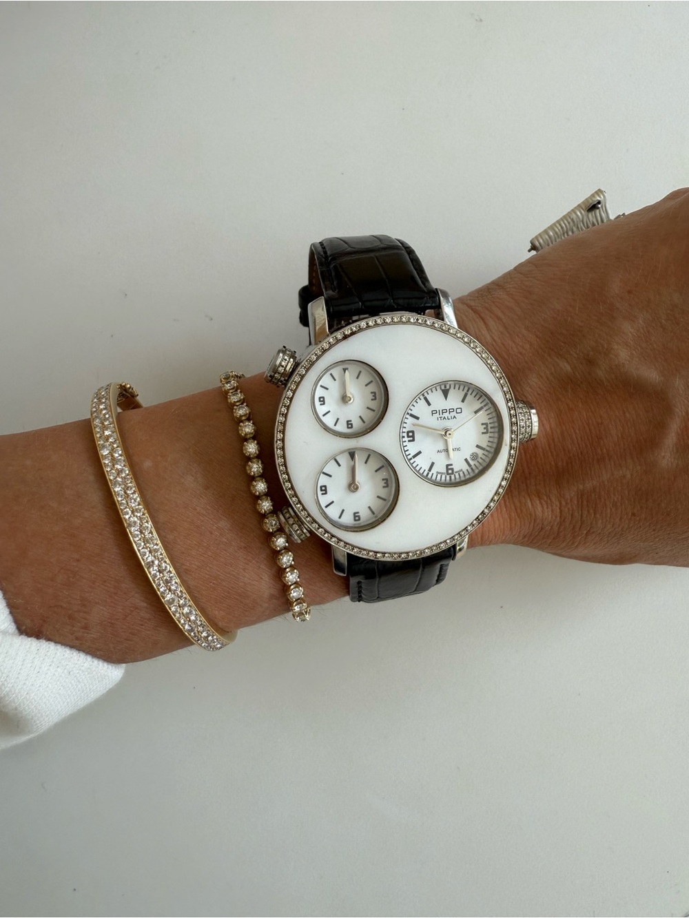 Pippo Italia Automatic Diamond Bezel Three Time Zone Luxury Authentic Watch